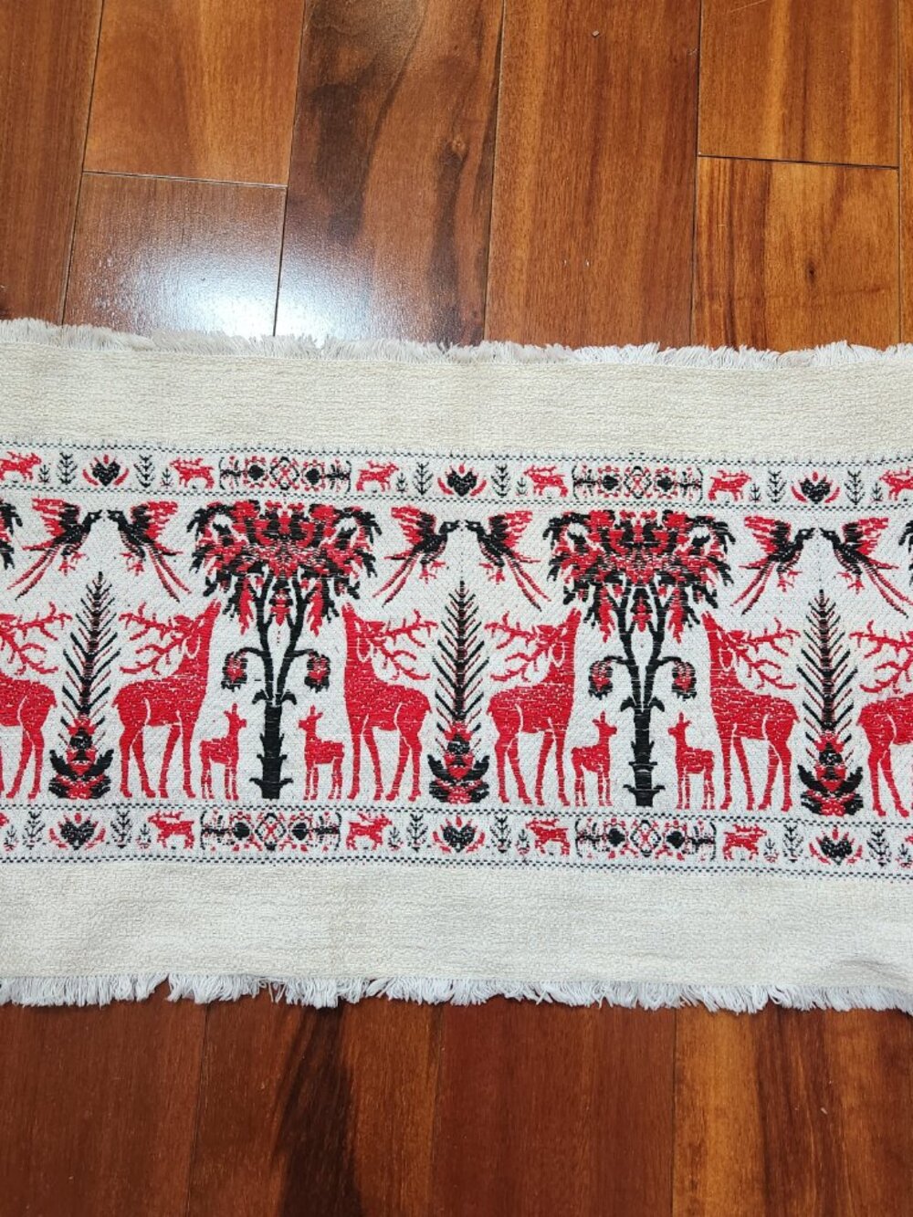 Vintage Tessitura Artistica Handwoven Red and Black Deer and Trees Tapestry Mat